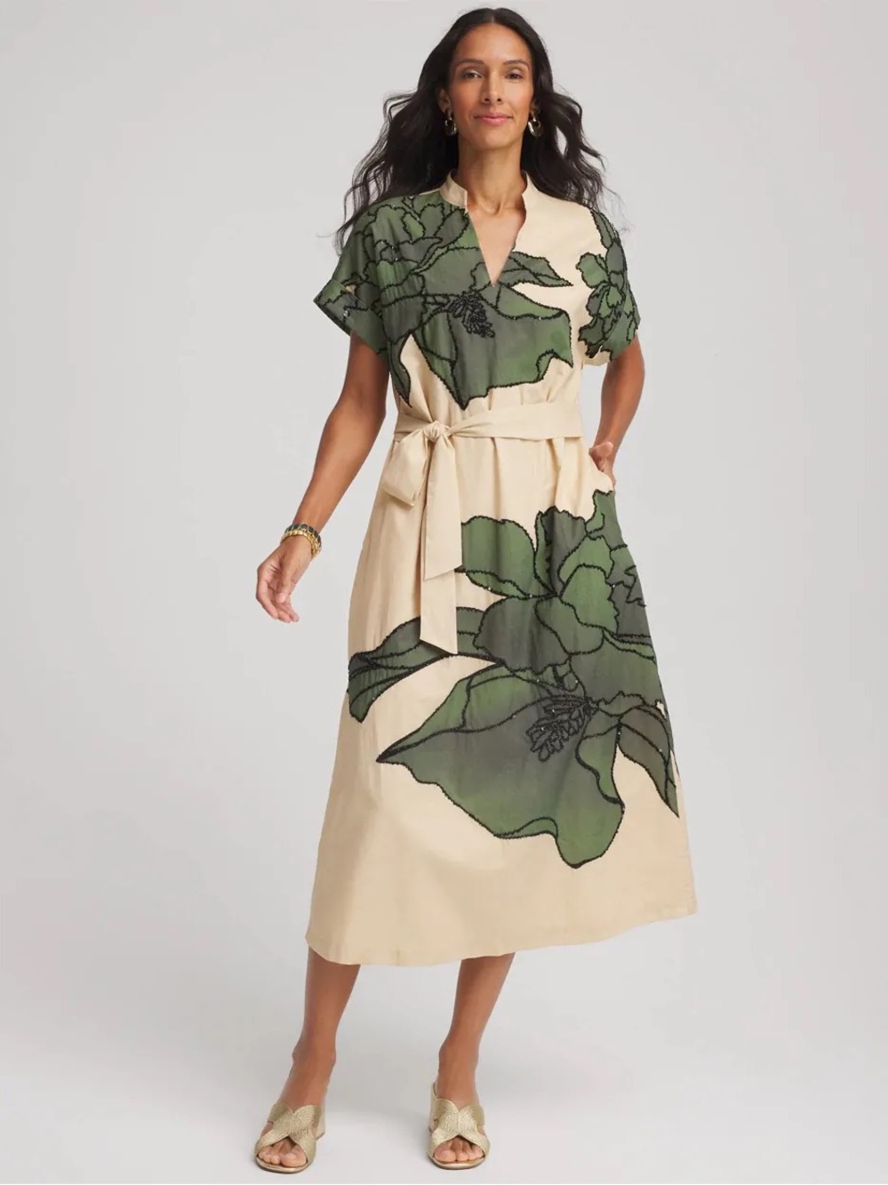 NWT Chico's 20 Cream Midi Dress with Oversized Green Floral Beaded and Sequin